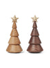 Two minimalist Spring Copenhagen The Christmas Tree, Oak figurines, one light and one dark, each topped with a gold-colored star.