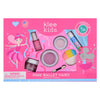 Klee Naturals Deluxe Makeup Kit - Pink Ballet Fairy, a non-toxic kids play makeup kit containing nail polish, glitter gel, lip shimmer, two pans of powder, an applicator, and a blush brush in a pink box decorated with a fairy and a mouse.
