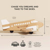 A plastic-free Wooden Toy Plane labeled "LETOVAN AIRLINES" sits on a beige background, dimensions 213mm (L) × 210mm (D) × 70mm (H). Above, the text reads: "CHASE YOUR DREAMS AND TAKE TO THE SKIES.
