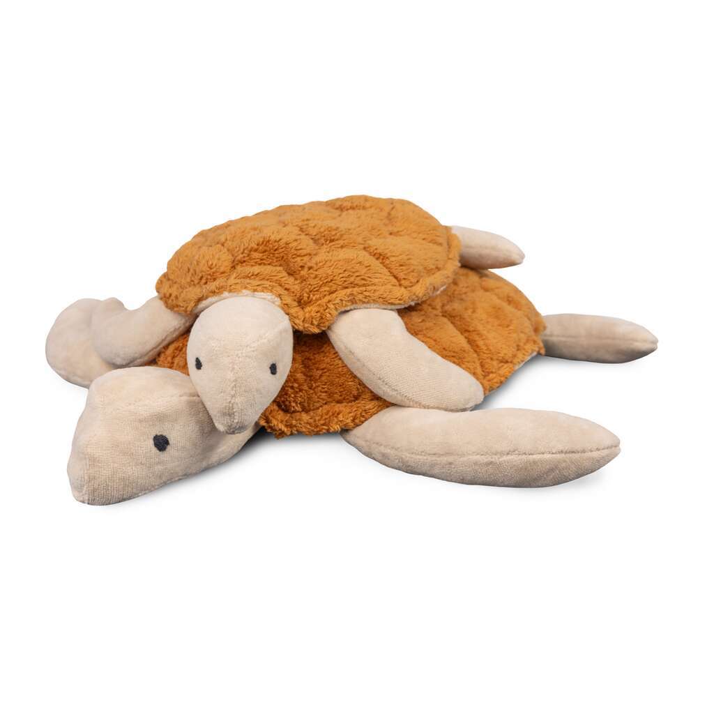 Two Senger Naturwelt Cuddly Animal - Turtle toys with beige limbs and textured brown shells are stacked on a white background, ideal as organic cotton grain pillows for cozy comfort.