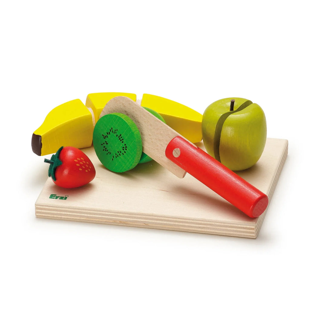 The Erzi Fruit Salad Cutting Set features toy wooden banana, kiwi, apple, and strawberry on a cutting board with a toy knife—ideal for any pretend play kitchen.