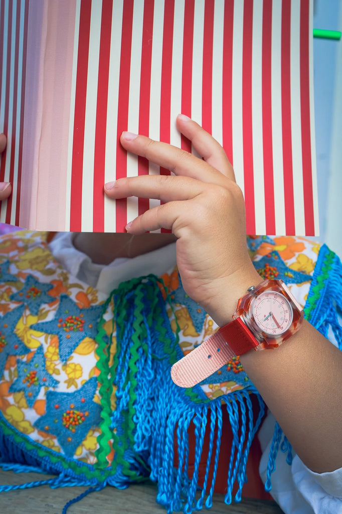 A person in a colorful embroidered outfit and a Mini Kyomo Watch - Cinnamon Roll holds a red-and-white striped book that covers their face.