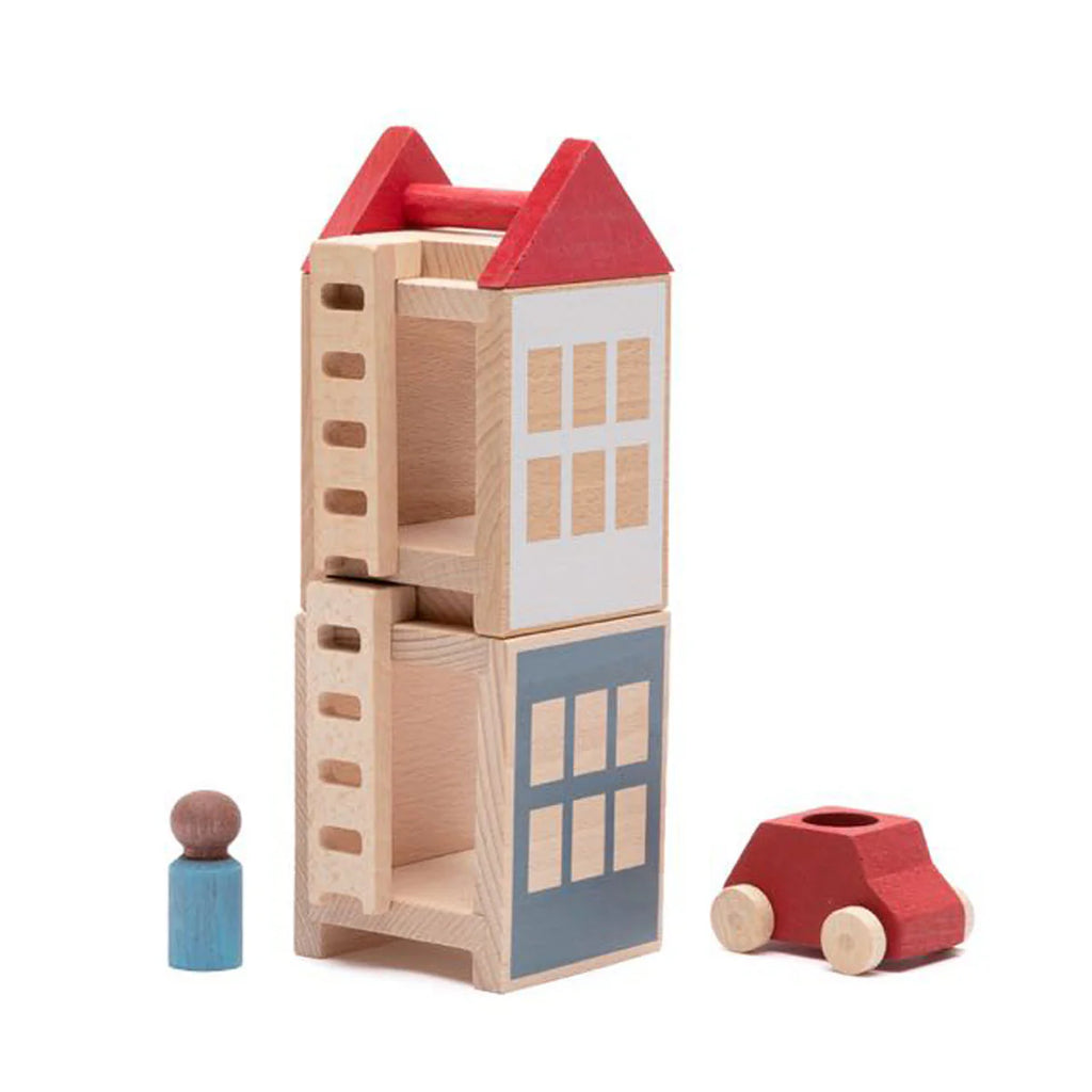 The Lubulona Lubu Town Summerville Set includes a two-story wooden house with red roofs, an eco-friendly wooden toy car, and a wooden figure with a blue body and brown head, displayed on a white background.