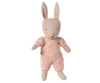 The PRE-ORDER: Rabbit Micro - Sand - Rose Knitted Suit features a soft rabbit with upright ears in a rose knit outfit, set against a striped background—ideal for Maileg accessories or the House of Miniature dollhouse. Ships early October.