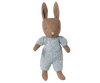 PRE-ORDER: Rabbit Micro - Brown - Blue Knitted Suit (ships early October), a soft fabric doll in a light blue knitted outfit—ideal for miniature dollhouses or pairing with Maileg accessories.