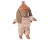 PRE-ORDER: Winter Bunny, Micro - Brown - Rose (ships early Nov) features a soft bunny in a pink knit hat, cream and pink sweater, and checkered pants—ideal for Maileg accessories or any miniature dollhouse display.