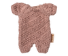 The Maileg Extra Clothing: Knitted Suit, Micro - Heather is a small, textured light brown romper with short sleeves and legs—ideal as a cozy outfit for your micro bunny.
