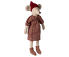 PRE-ORDER: Maileg Christmas Mouse, Maxi - Girl, features a plush mouse in a maroon knit Christmas hat, red dress with gathered neckline, and matching booties. Estimated arrival early September. Shown against a plain white background.