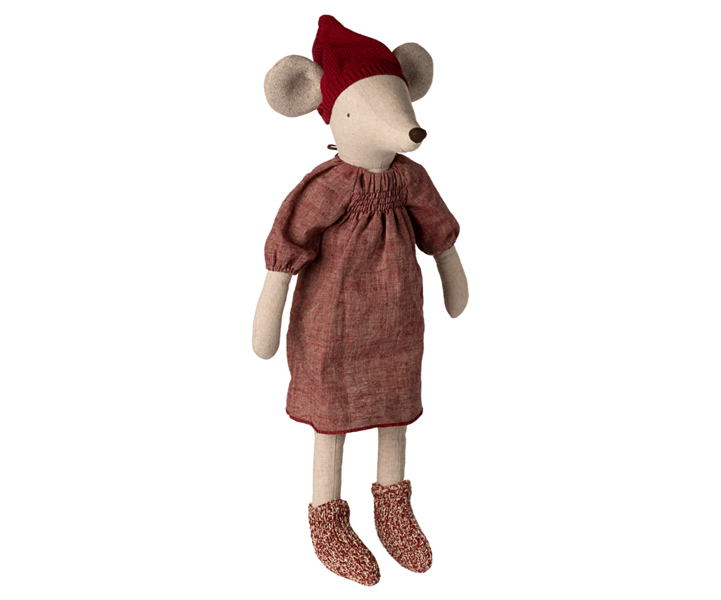 PRE-ORDER: Maileg Christmas Mouse, Maxi - Girl, features a plush mouse in a maroon knit Christmas hat, red dress with gathered neckline, and matching booties. Estimated arrival early September. Shown against a plain white background.