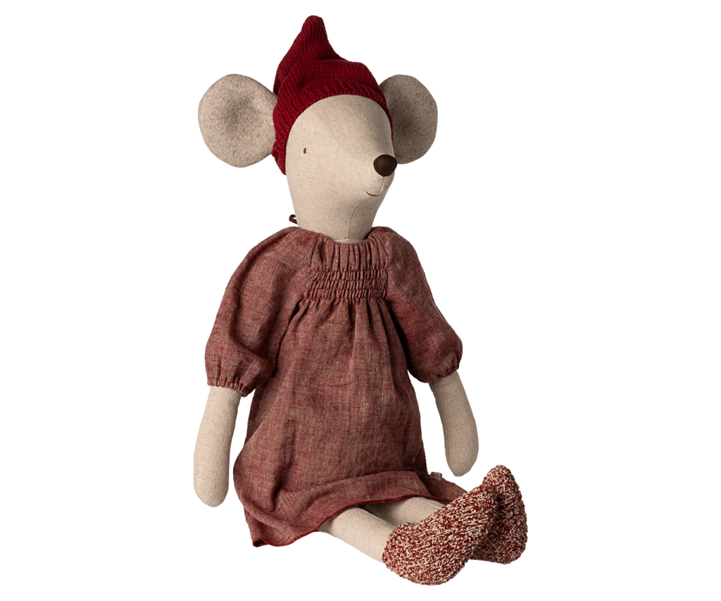 PRE-ORDER: Maileg Christmas Mouse, Maxi - Girl wears a red dress with puffed sleeves, festive Christmas hat, and matching red knit socks. She sits with legs outstretched on a plain white background.