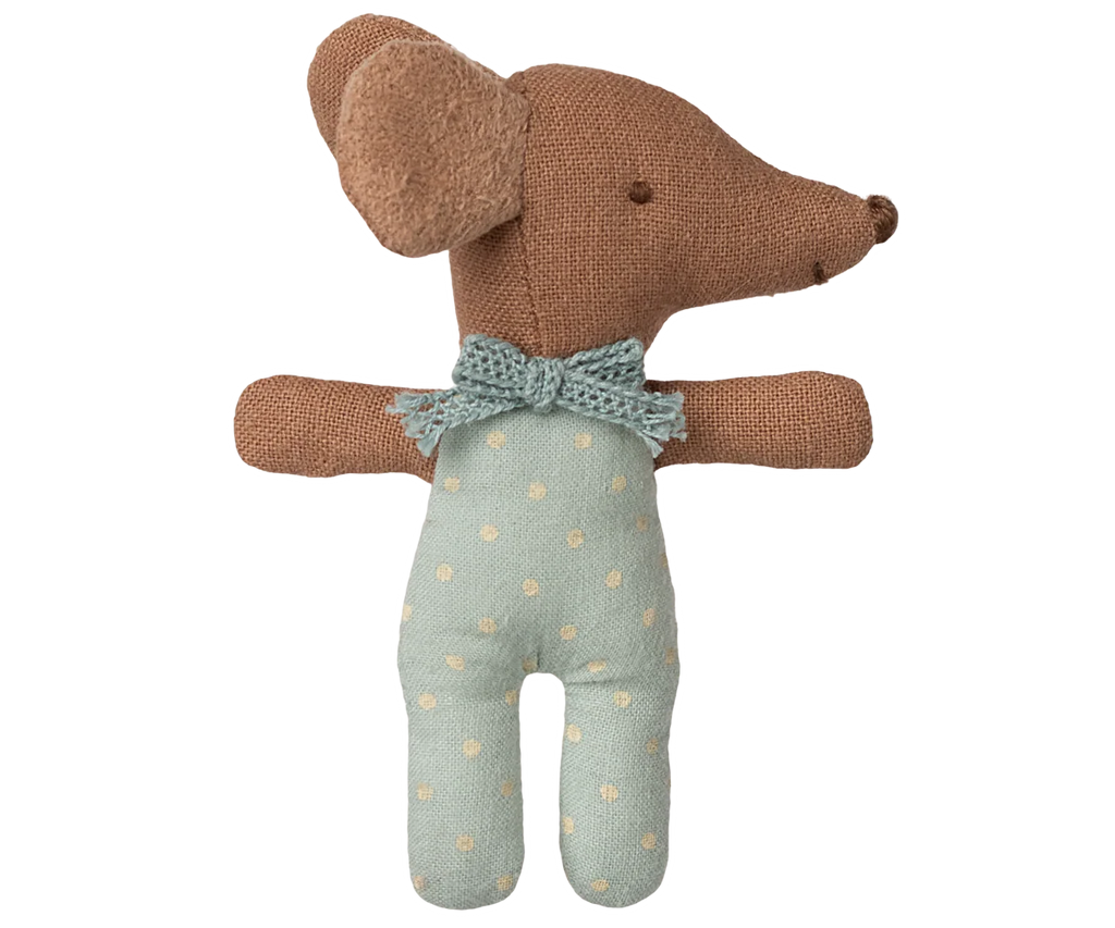 The PRE-ORDER: Sleepy Wakey Baby Mouse in Matchbox - Blue features a charming fabric mouse with a brown head and arms, blue polka-dot body, and bow tie. Ships late October. Perfect for imaginative play right out of its striped matchbox!.