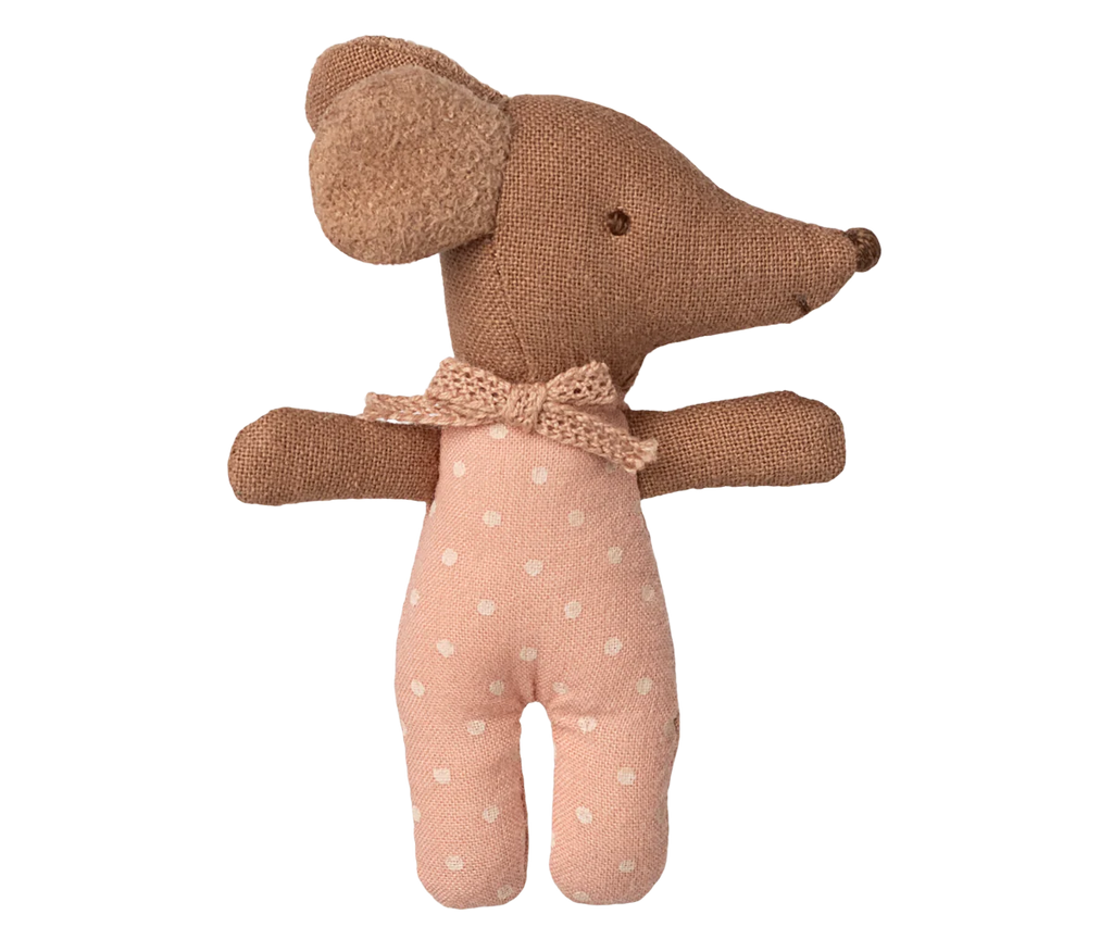 PRE-ORDER: Sleepy Wakey Baby Mouse in Matchbox - Rose features a soft brown head and arms, large round ears, stitched eyes, a pointed nose, pink polka-dot body, and wears a tiny knitted bow. Estimated ship date: late October.