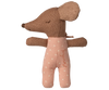 The PRE-ORDER: Sleepy Wakey Baby Mouse in Matchbox - Rose features a plush mouse in a pink polka-dotted outfit, with a brown head and limbs, standing upright. "Maileg" is written on the outfit. Estimated ship date: late October.