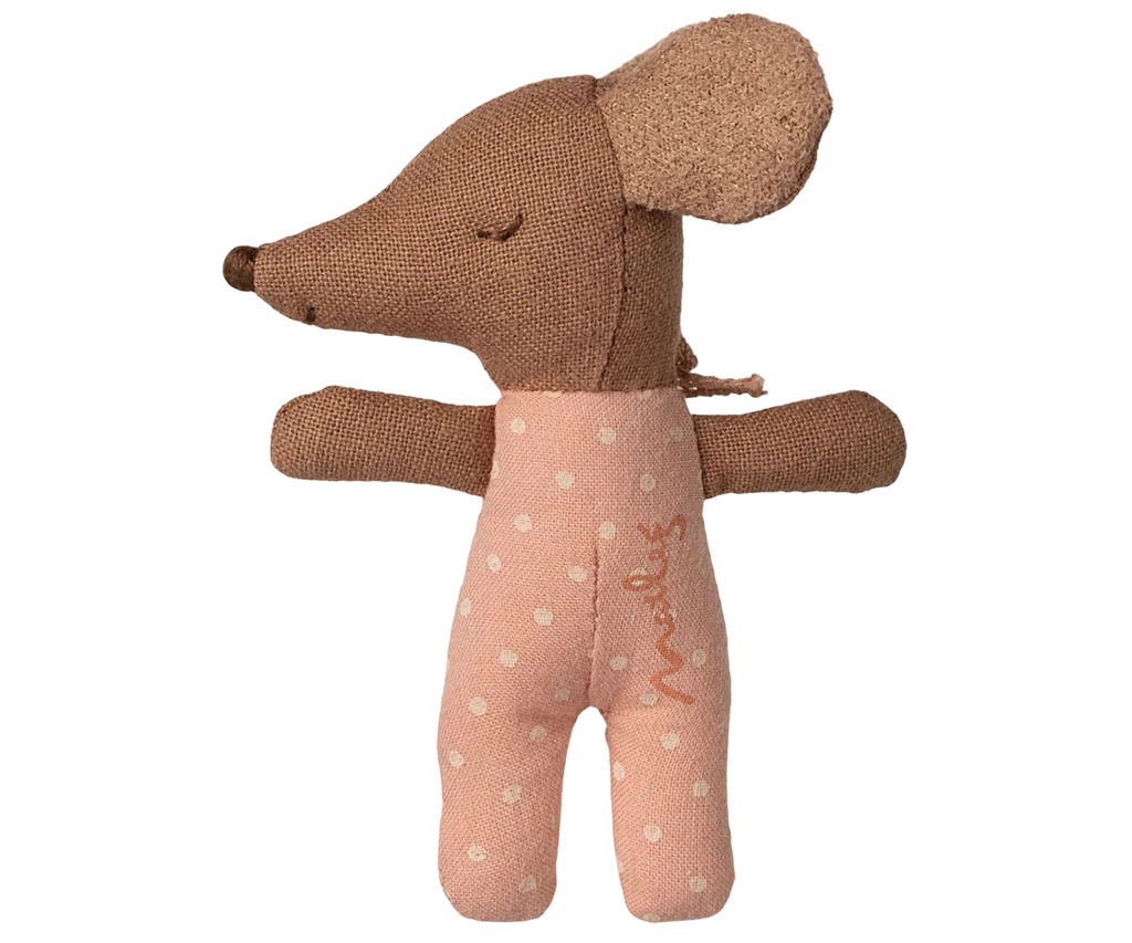 The PRE-ORDER: Sleepy Wakey Baby Mouse in Matchbox - Rose features a plush mouse in a pink polka-dotted outfit, with a brown head and limbs, standing upright. "Maileg" is written on the outfit. Estimated ship date: late October.