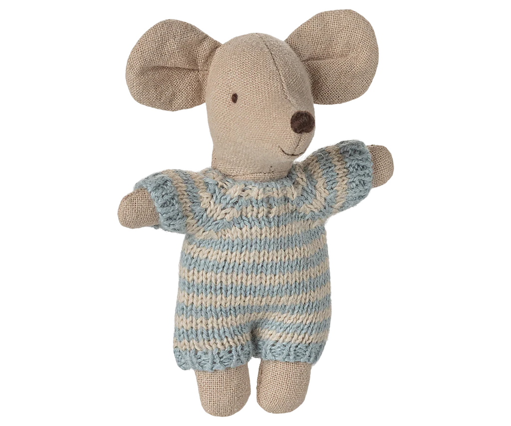 PRE-ORDER: Baby Mouse in Carry Cot - Blue features a small plush mouse with large round ears, stitched eyes, and a smiling mouth, dressed in a blue and white knitted suit. Estimated ship date is late October.