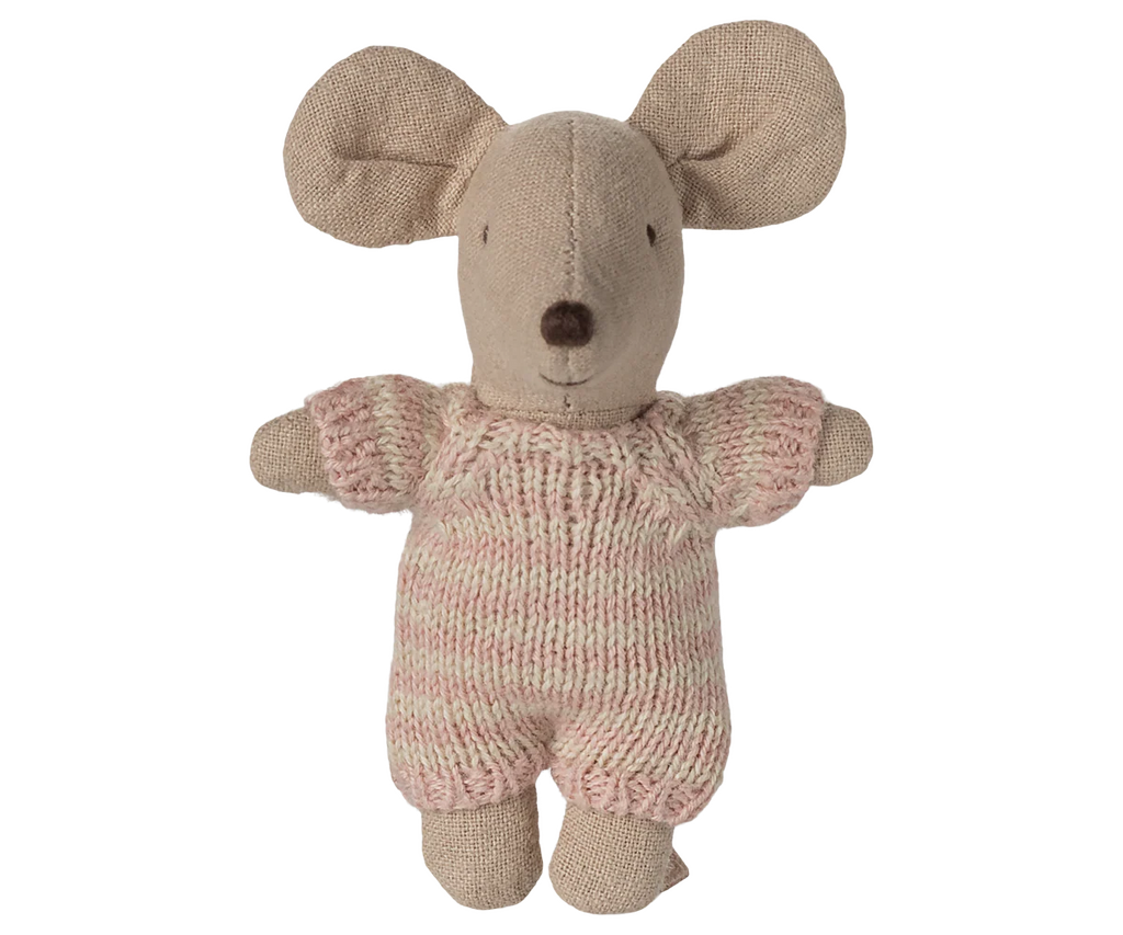 PRE-ORDER: Baby Mouse in Carry Cot - Rose features a tiny mouse with big ears, stitched nose, black eyes, and a pink and white knitted suit. Estimated ship date: late October.
