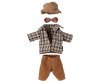 Maileg Extra Clothing: Jacket, Pants, Hat and Bow Tie for Grandpa Mouse—includes a brown houndstooth hat, plaid bow tie and overcoat, plus brown corduroy pants, all arranged on a white background.