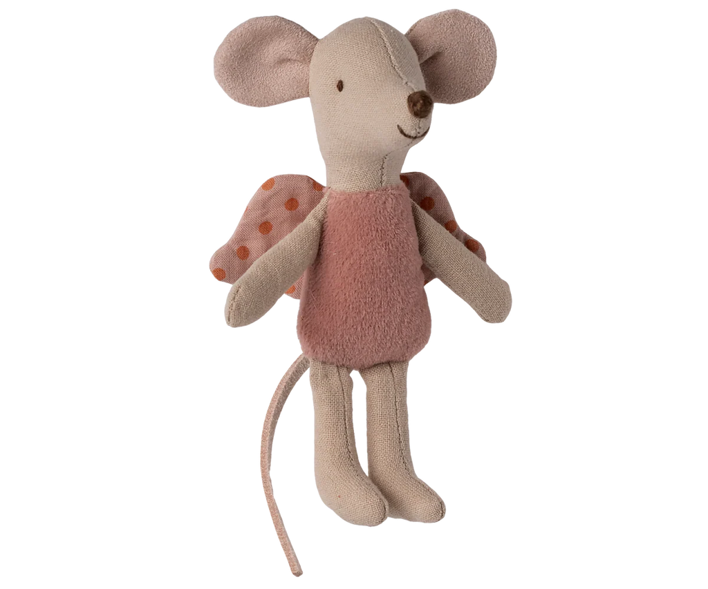 PRE-ORDER: Fairy Mouse, Little - Rose features a light pink body, large pink ears, a smiling face, soft wings with pink polka-dots, and a long tail—standing upright and ready to inspire imaginative play. Ships late September.