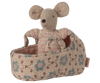 PRE-ORDER: Baby Mouse in Carry Cot - Rose features a baby mouse in a pink knitted suit, resting in a soft, floral carry cot with handles. Estimated ship date: late October.