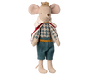 PRE-ORDER: King Mouse, Dad—wearing a gold crown, red and white royal cape, blue diamond-patterned shirt, and blue pants—stands upright against a beige background. Estimated ship date: late October.