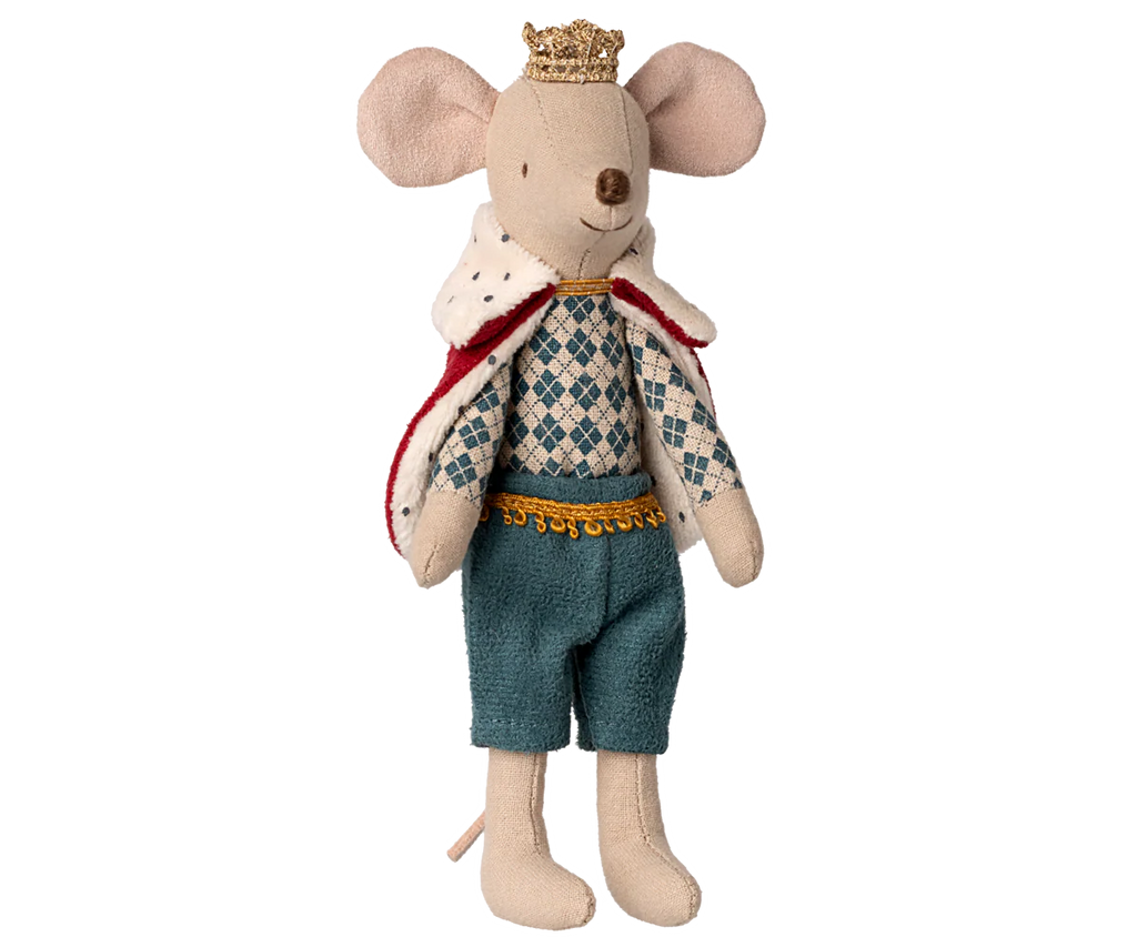 PRE-ORDER: King Mouse, Dad—wearing a gold crown, red and white royal cape, blue diamond-patterned shirt, and blue pants—stands upright against a beige background. Estimated ship date: late October.