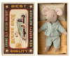 The PRE-ORDER: Little Brother Mouse in Matchbox (Aprox. Ship Date: Early November) features a mouse in polka-dot pajamas resting in a matchbox bed with soft bedding and a vintage “Mouse Race” box design.