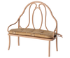 The PRE-ORDER: Vintage Bench, Mini - Dark Powder features a decorative metal frame and tan floral cushion, ideal as a comfy seat for bunny or rabbit-sized pets. Estimated ship date: Early October.