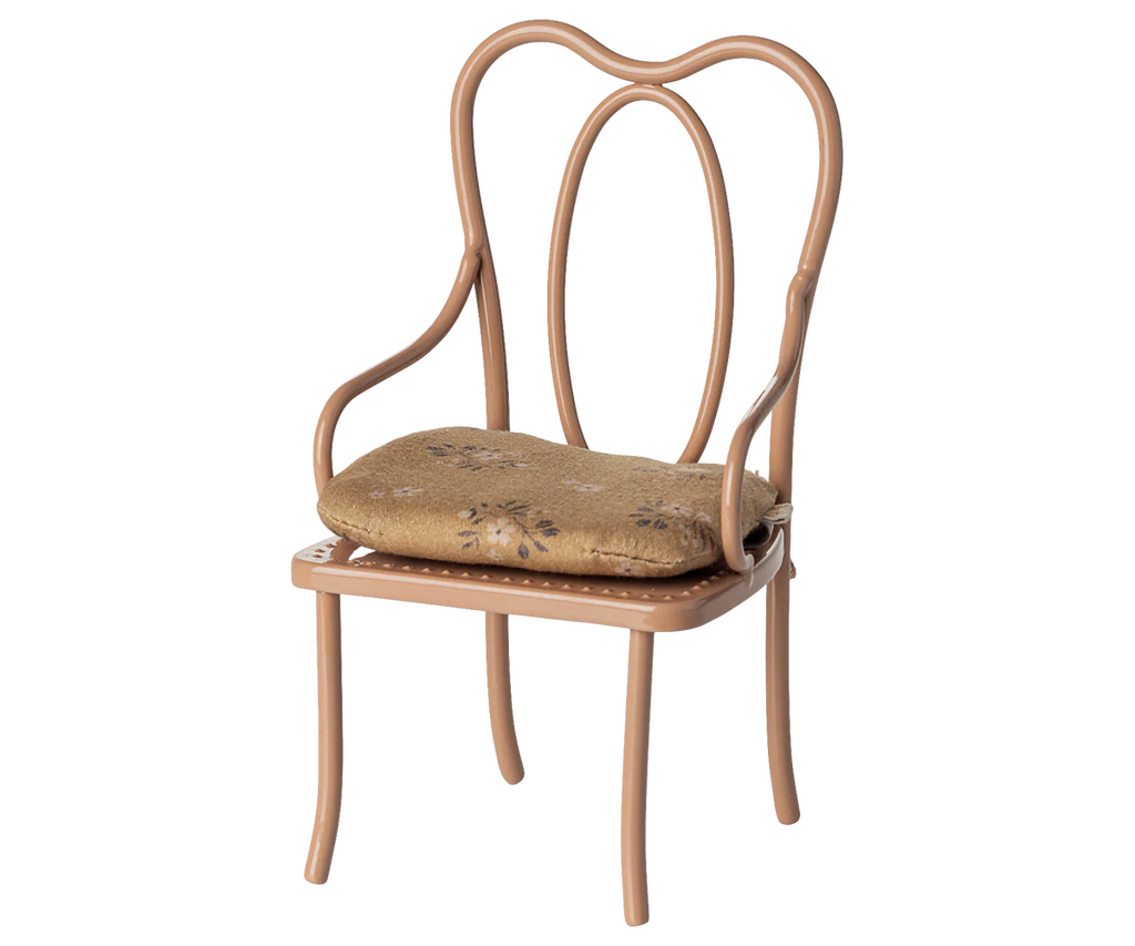 The PRE-ORDER: Vintage Chair, Mini - Dark Powder (ships early October) is a cozy vintage-style chair with curved metal legs and a gold-patterned cushion—perfectly sized for bunny and rabbit companions.