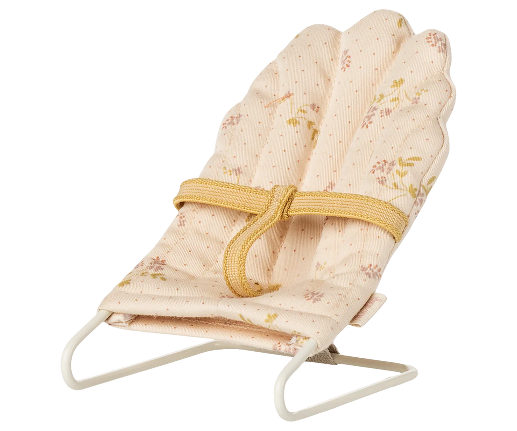 PRE-ORDER: Babysitter, Micro - Off White is a small, padded baby chair for micro rabbit furniture, featuring a white metal frame and yellow strap, shown angled against a plain background. Estimated ship date: late September.