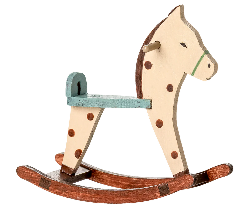 PRE-ORDER: Rocking Horse, Mouse - Spotted features a cream body with brown spots, a blue seat, and sturdy metal handles, shown in a side view against a plain background. Approximate ship date: Early September.