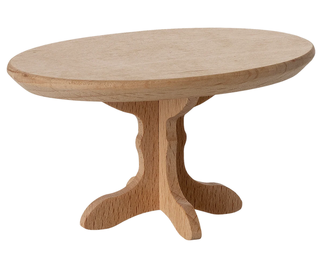 The PRE-ORDER: Oval Coffee Table, Mouse - Nature (ships early October) is a small, unfinished wooden coffee table with a pedestal base and three feet, shown against a plain background—charmingly mouse-sized in scale.