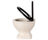 The PRE-ORDER: Toilet, Mouse Size - Off White (ships early November) features an off-white ceramic design with a black seat and lid, both raised—ideal for any SuitCasa mouse house or miniature bathroom décor.