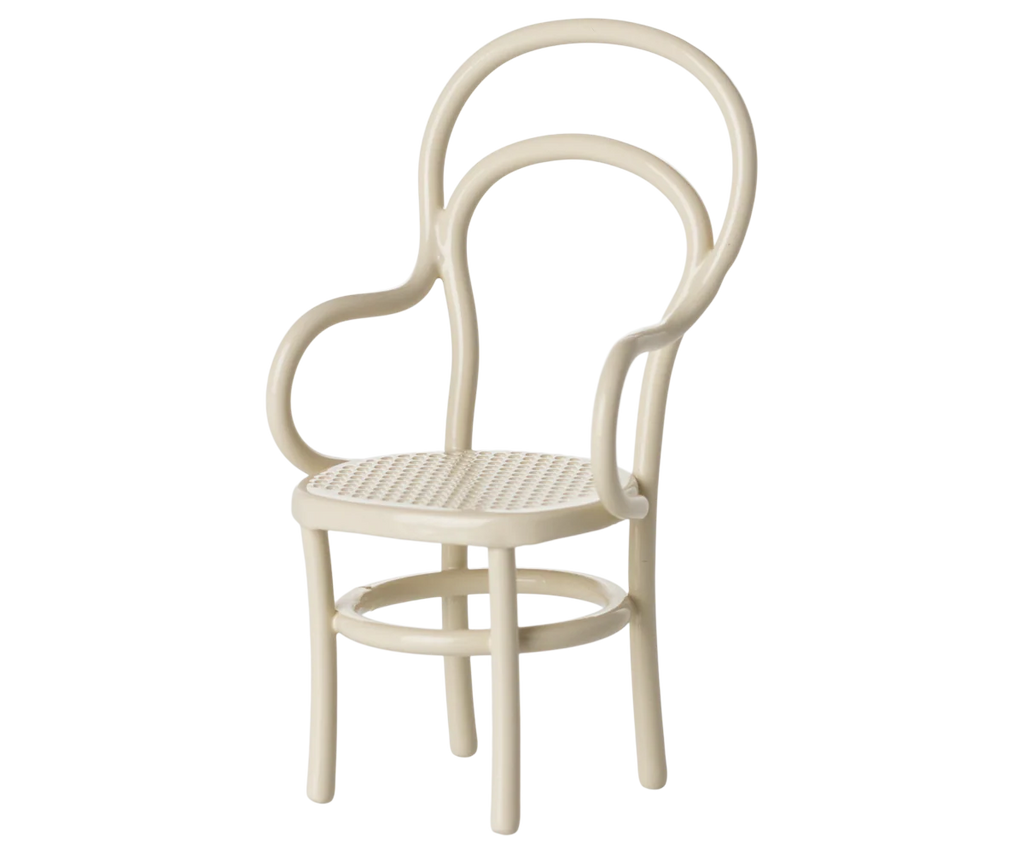 The PRE-ORDER: Vintage Chair, Mouse Size - Off White (ships late September) features a cream hue, rounded backrest and armrests, woven-style seat, and an elegant curved metal design.