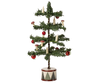 The PRE-ORDER: Maileg Christmas Tree, Mouse Size, features red ornaments, white candles, and mushroom decorations on a small tree in a drum-shaped base with a white and dark gray pattern, softly lit by LED bulbs. Ships early October.