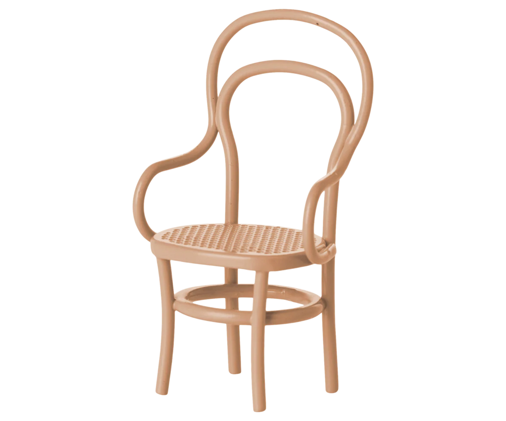 A curvy, dark powder vintage mouse-size chair with a rounded backrest, open armrests, and woven seat on four legs. PRE-ORDER: Estimated ship date late September.