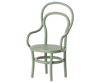 The PRE-ORDER: Vintage Chair, Mouse Size - Mint (ships late September) is a small, light green chair with a curved artistic backrest, armrests, a metal woven seat, and slender round legs.