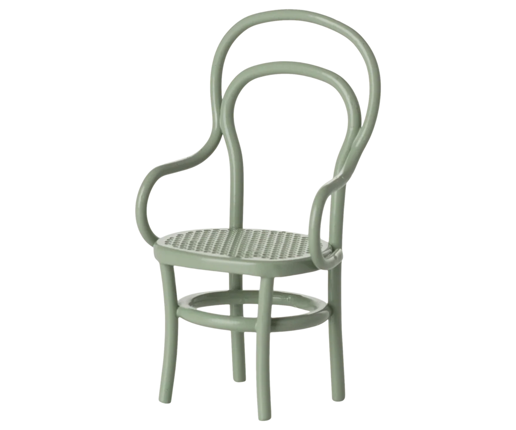 The PRE-ORDER: Vintage Chair, Mouse Size - Mint (ships late September) is a small, light green chair with a curved artistic backrest, armrests, a metal woven seat, and slender round legs.