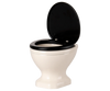 PRE-ORDER: Toilet, Mouse Size - Off White (Estimated Ship Date: Early November)—a white ceramic mouse toilet with a black seat and lid, shown open against a plain background. Ideal for your SuitCasa mouse house or any small mice bathroom!.