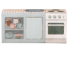 Illustration of the PRE-ORDER: Maileg Kitchen Counter, Mouse (Aprox. Ship Date: November), featuring a vintage oven, stovetop, and cupboard with canned food, cups, pots, and plates in muted pastel colors and retro shapes.