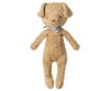 A Maileg Poodle Dog, Vintage Plush in soft sand with floppy ears and cotton viscose fur, stands upright against a plain background, featuring a charming blue-and-white checkered bow around its neck.