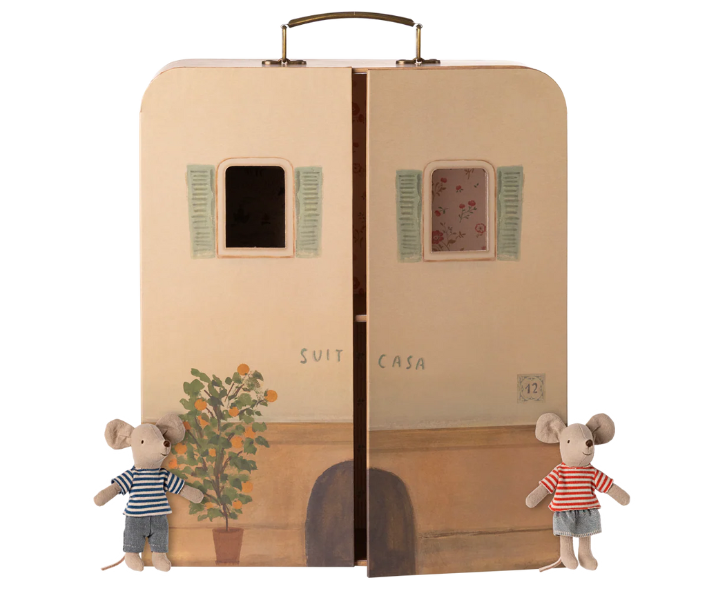 The PRE-ORDER: Maileg SuitCasa (Estimated Ship Date: Late November) is a mouse house-style suitcase with two windows, shown open with two small plush mice in striped shirts and denim shorts in front of it.