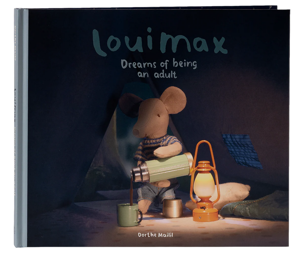 The Maileg LouiMax - Dreams Of Being An Adult Book features LouiMax the mouse pouring a drink from a thermos beside a lantern inside a tent at night, in a cozy illustrated children’s storybook by Dorthe Mailil.