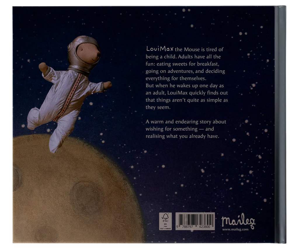 A small mouse in a spacesuit floats above the moon beneath a starry sky. "Maileg LouiMax - Dreams Of Being An Adult Book" shares LouiMax the Mouse’s adventures and lessons about childhood and appreciating what you have.