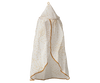 The Maileg Bed Canopy, Miniature - Off-White, features a pointed top with gold dot decorations and gold trim. Hanging from a loop, it adds romantic charm to any bed décor.