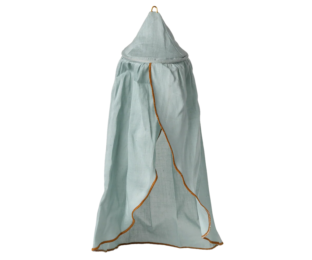 The Maileg Bed Canopy, Miniature - Mint features a conical top, flowing mint cotton fabric, and gold trim. Hanging from a ring, it's ideal for adding whimsical charm to bedroom decor.