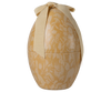 The Maileg Easter Egg, Medium - Cream Yellow, is a decorative metal egg-shaped container with a beige and cream floral pattern and a large beige ribbon bow—perfect for any festive display.