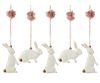 The Maileg Metal Ornament Set - Easter Bunny includes five charming bunny ornaments with gold tails and collars, pink fabric flowers, and hanging strings—perfect as a festive Easter decoration.