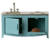 The Maileg Kitchen, Mouse - Blue is a miniature metal set with a sink, stove, open oven doors, and a tiny pie on a pull-out tray—perfect for any mouse family’s cozy toy kitchen.