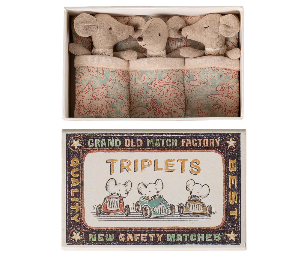 The Maileg Triplets, Baby Mice in Matchbox - Checker (expected 06/01/26), features three cozy baby mice nestled together in a charming matchbox bed.