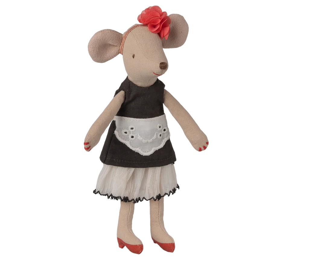 The Maileg Beautician Mouse, Mum wears a black dress with white apron, white tulle skirt, red shoes, and a red flower headband—perfect for imaginative dress-up fun.